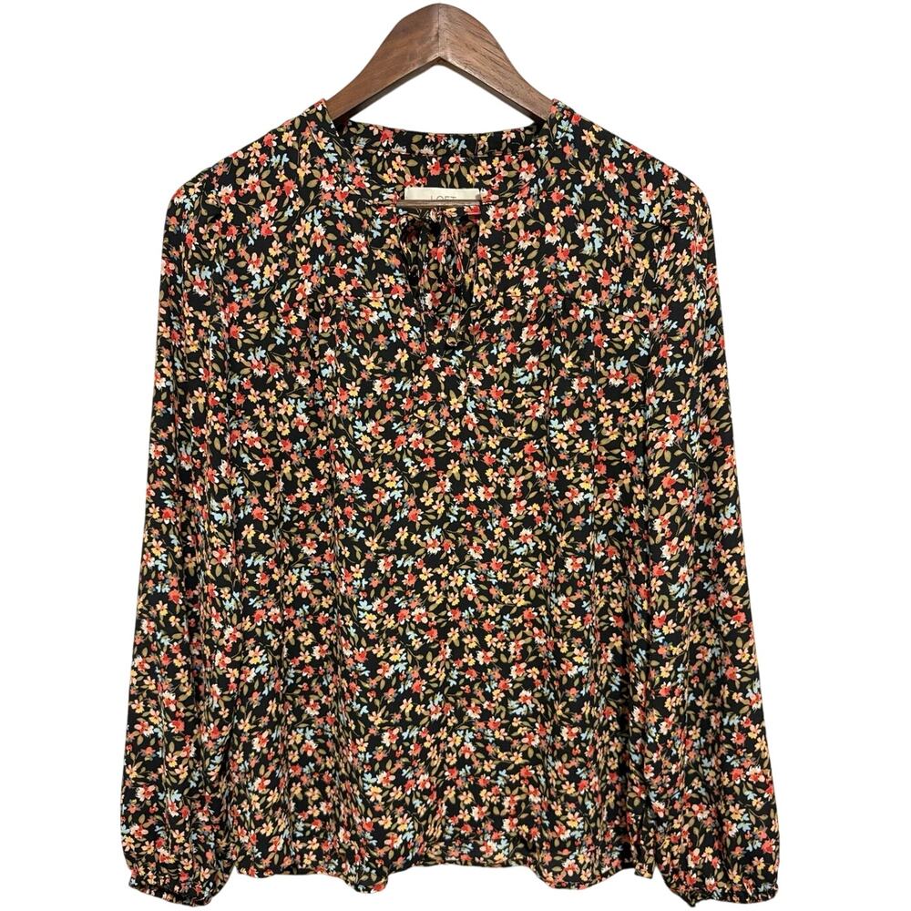 LOFT Floral Tie Neck Blouse Womens M Black Long Sleeve Peasant Boho Top